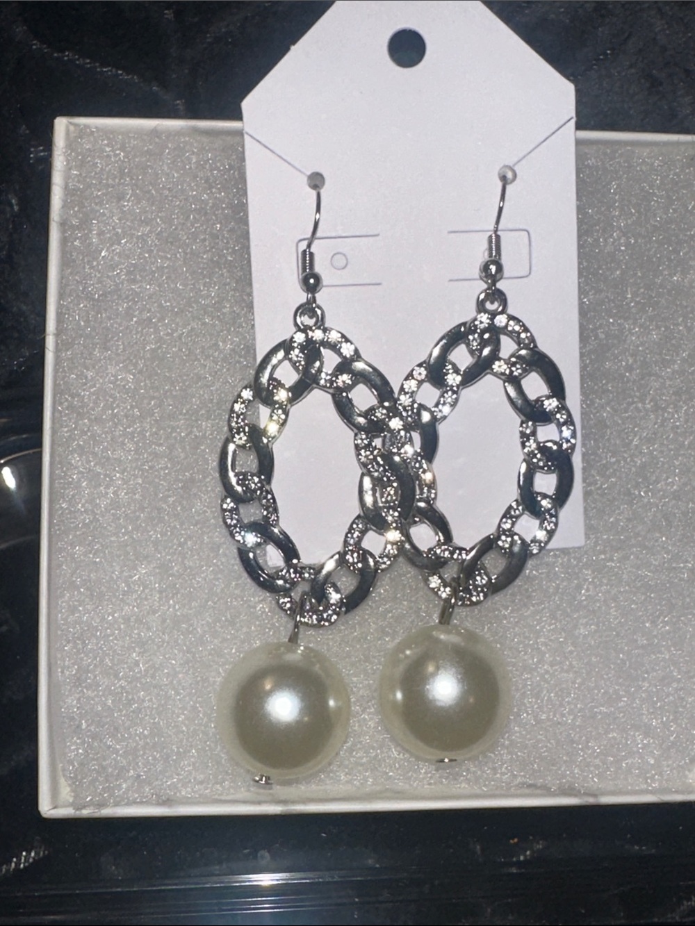 Handmade Silver Chain-Link Drop Earrings with Pearl Accent